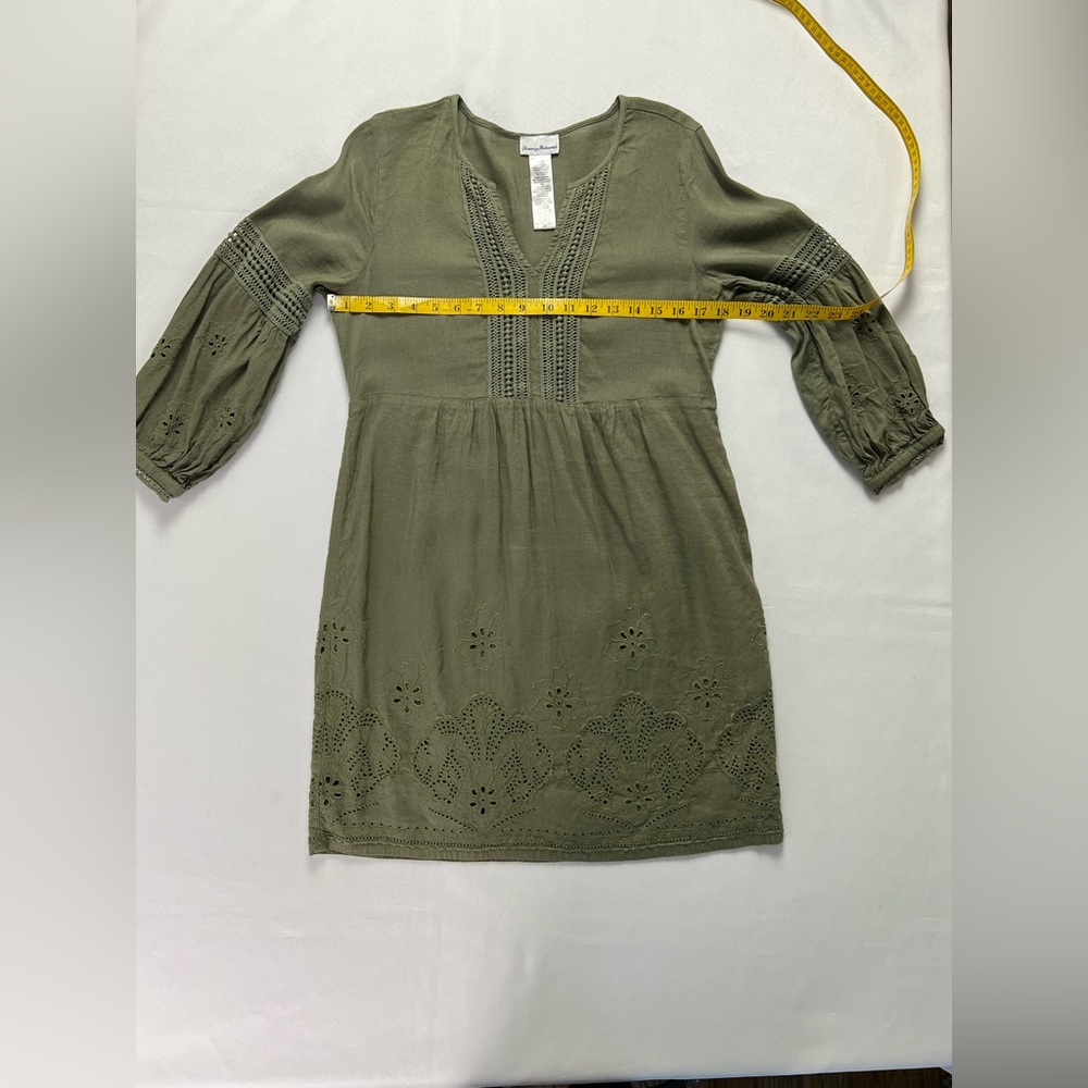 Tommy Bahama Olive Green Linen Viscose Eyelet Boho Peasant Dress - Picture 7 of 14